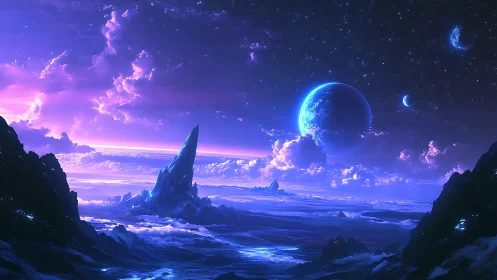 Spectral exoplanet seascape with crystalline spire horizon.