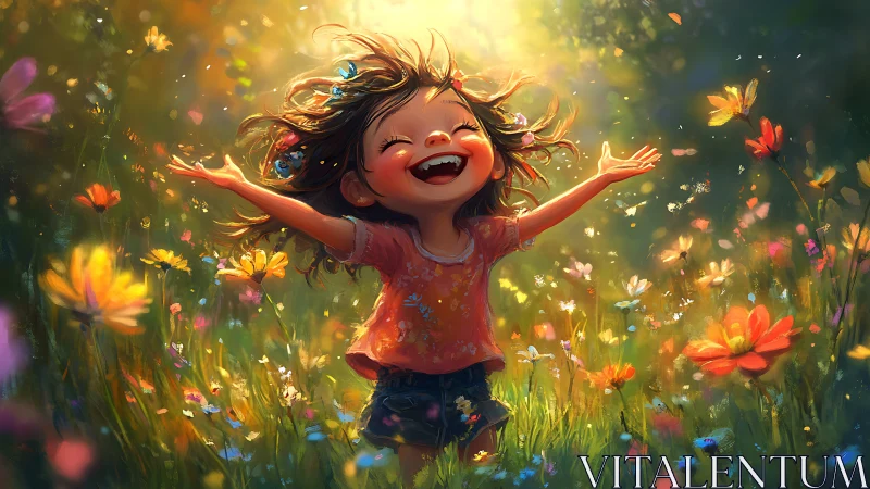 Young child in flower meadow under strong backlighting.