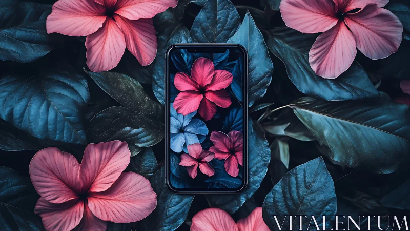 Smartphone displaying floral composition among botanical foliage.