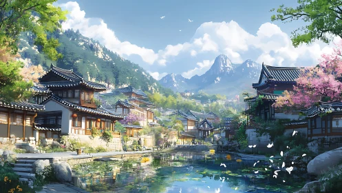 Traditional riverside village rendered in luminous digital painting