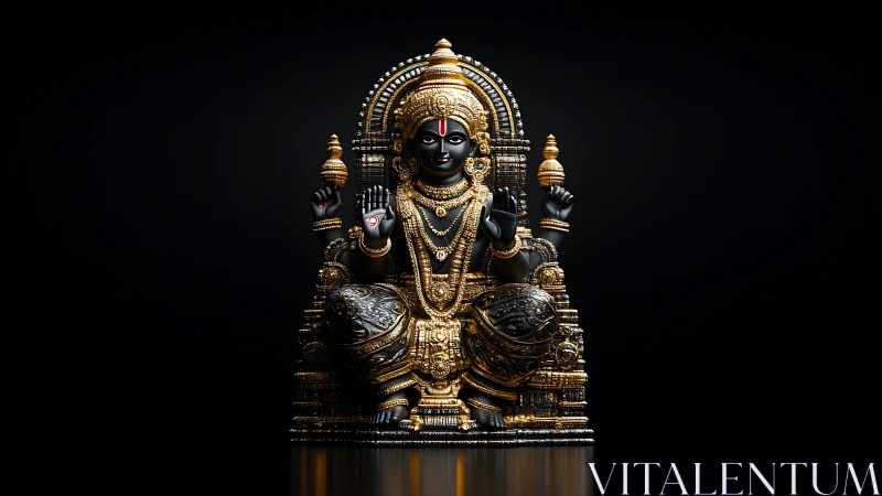 Ornate black stone deity sculpture in gilded seated throne.