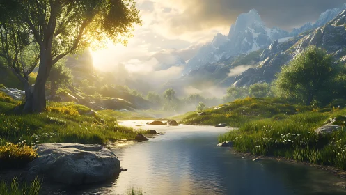 Sunlit mountain stream invites a quiet moment of wonder