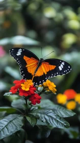 Black and orange butterfly resting on red and yellow flowers.