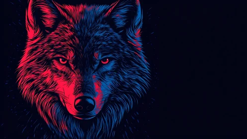 Neon wolf portrait in dual red blue lighting on black background.