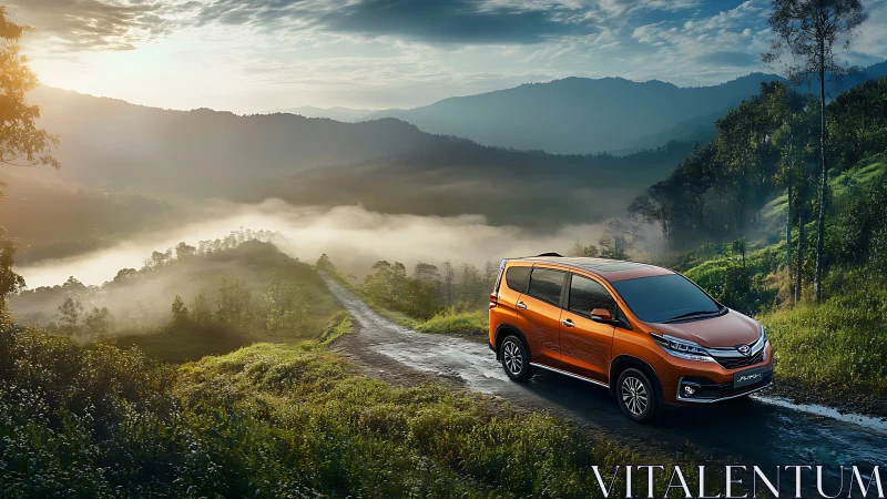 Orange SUV is parked on a wet rural mountain road at sunrise