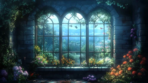 Stone arch window framing city skyline and garden view.