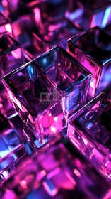 Geometric glass cubes under pink and blue neon lighting.
