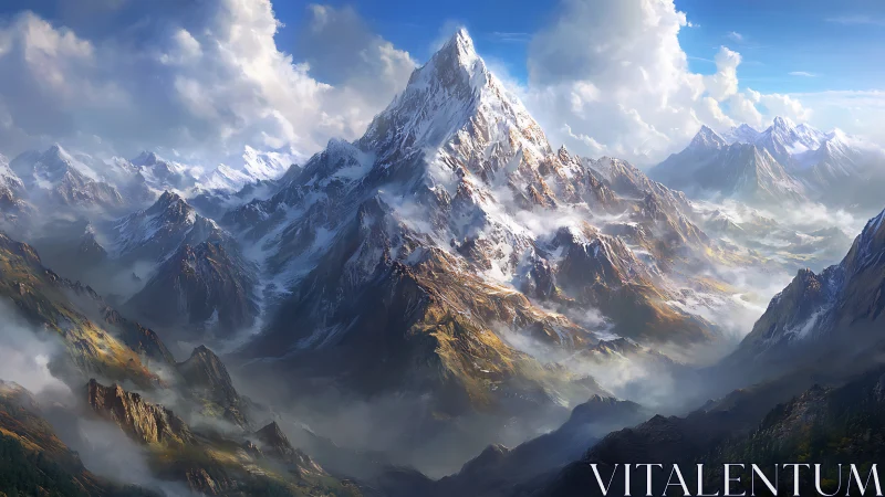 Snow-capped central peak within layered mountain range.