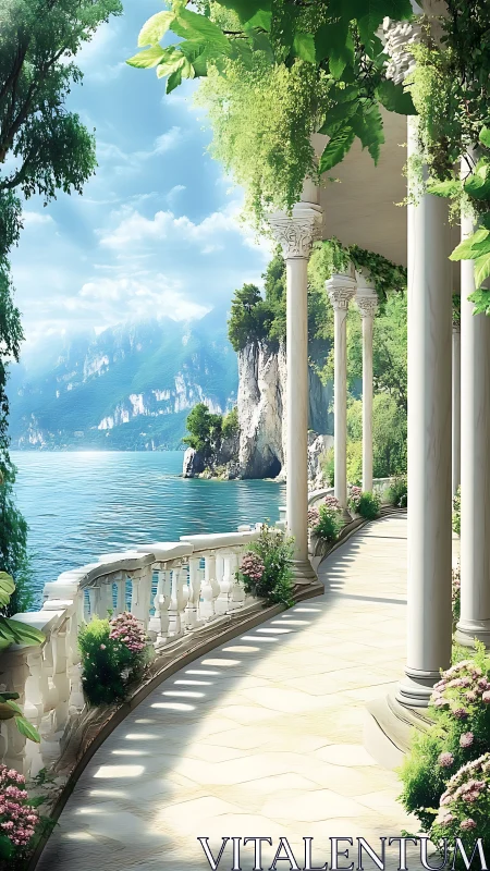 Sunlit neoclassical colonnade overlooks a serene alpine lake