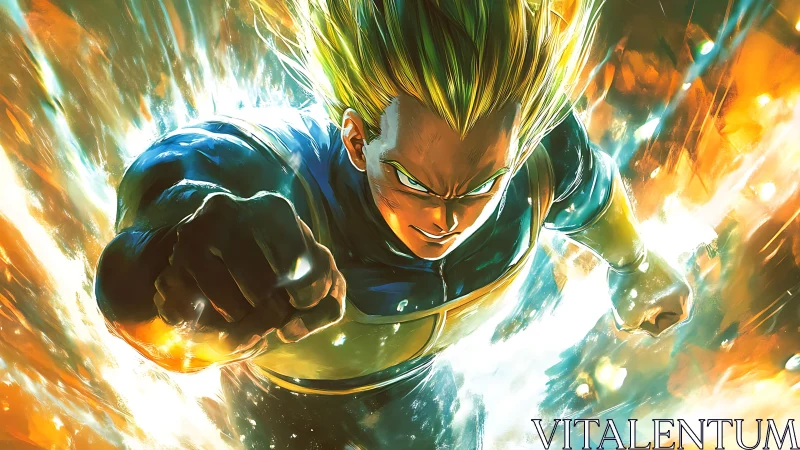Saiyan warrior charging forward in intense energy burst.