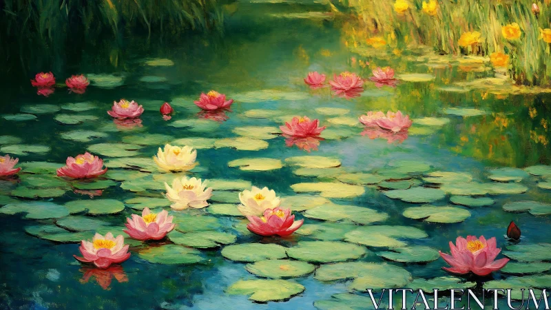 Water lilies drift like whispered thoughts across sunlit pond