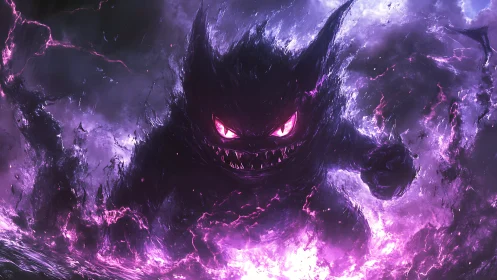 Mischievous purple spirit surging from swirling neon shadows.