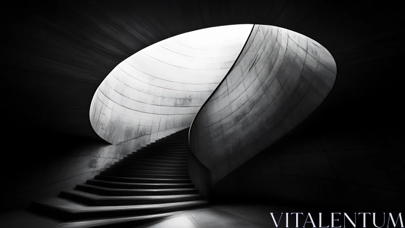 Spiral hush of concrete stairs ascending toward carved daylight.