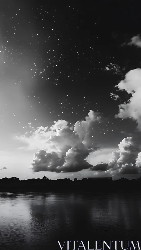 Nocturnal river skyline beneath starry monochrome clouds.