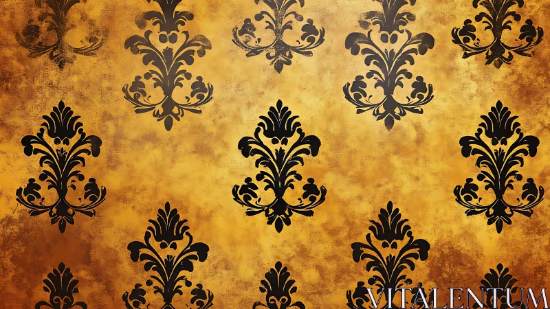 Symmetrical damask wallpaper pattern on distressed golden background