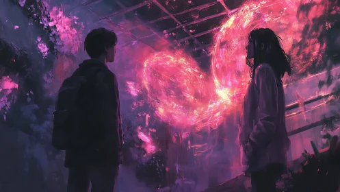 Two figures observe luminous vortex forms in a dark interior