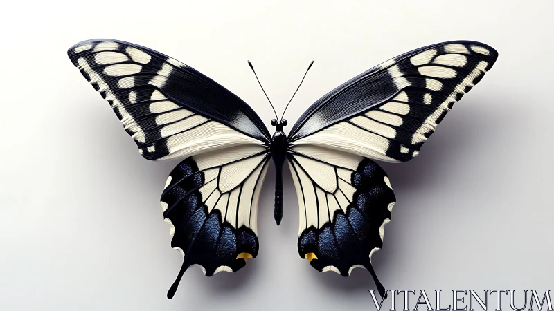 Graceful black and white butterfly spreads delicate patterned wings