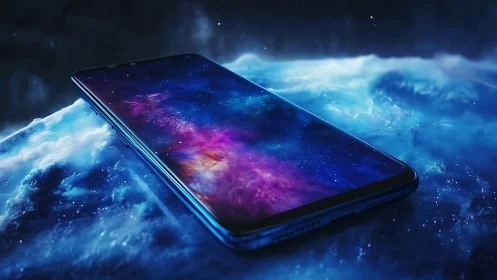 Galaxy-screen smartphone drifting through luminous nebulae.