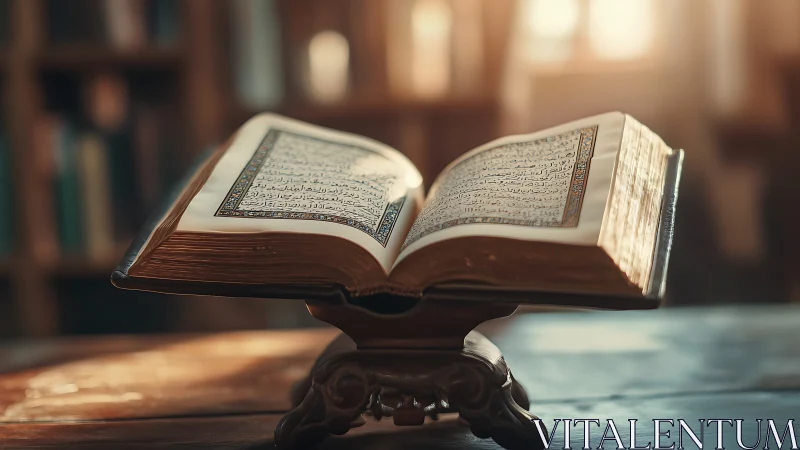 Golden light cradles an open Quran on carved wooden stand.