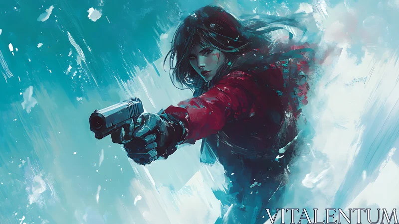 Crimson stormbreaker levels a pistol through the frozen blur