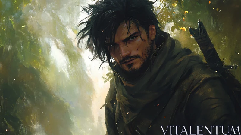 Brooding dark haired ranger with sword in forest setting.