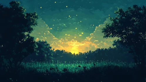 Golden sunset glows through tranquil pixel forest clearing