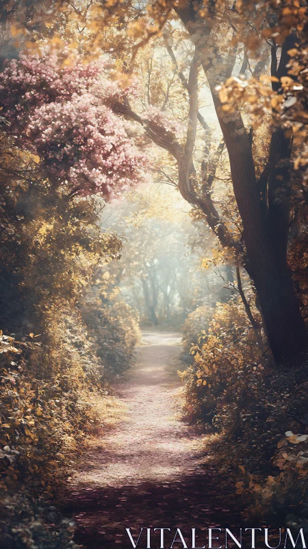 Luminous forest pathway framed by pink cherry blossoms and golden autumn foliage