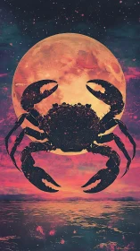 Celestial crab silhouette eclipses a glowing cosmic moon
