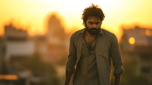 Golden hour grit with a determined rooftop wanderer.