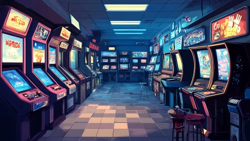 Neon nostalgia arcade corridor humming with pixelated ghosts.