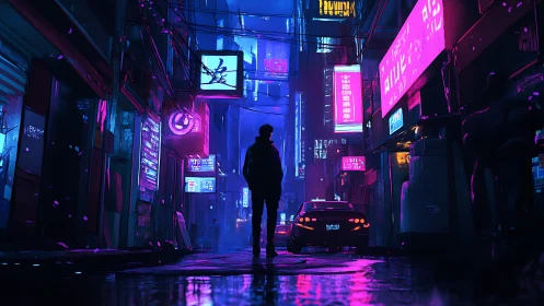Backlit silhouette in neon-saturated cyberpunk alleyway at night