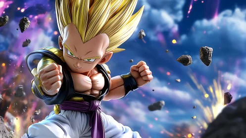 Supercharged anime warrior launches punch amid floating debris.