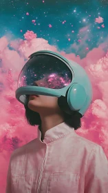 Cosmic reflection in visor of pastel blue astronaut helmet.