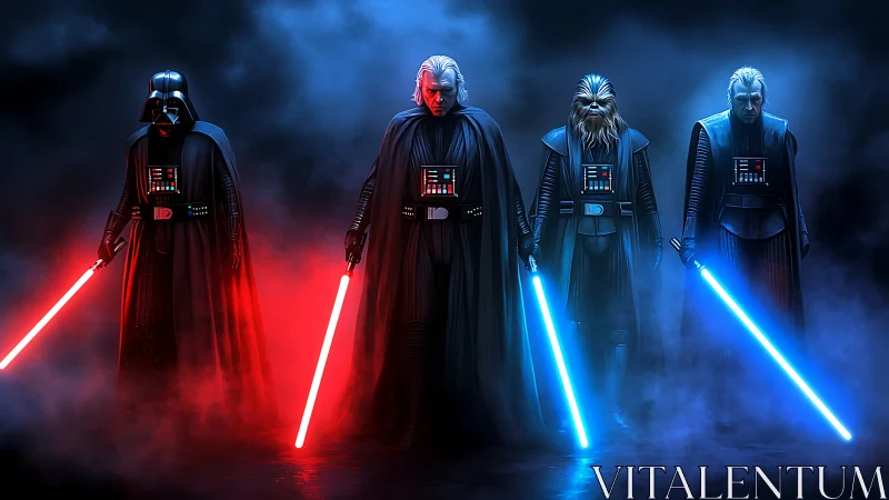 Four armored figures hold colored lightsabers in dense fog