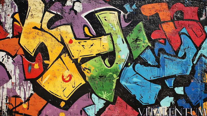 Urban graffiti mural bursts with layered abstract color