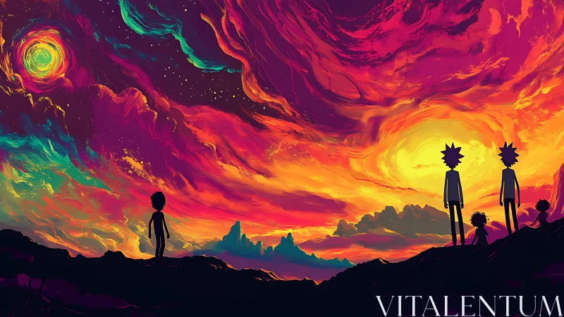Vibrant alien sky swirls above silhouetted wanderers at dusk