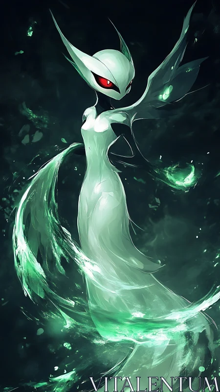 Ethereal humanoid entity channels emerald energy in darkness