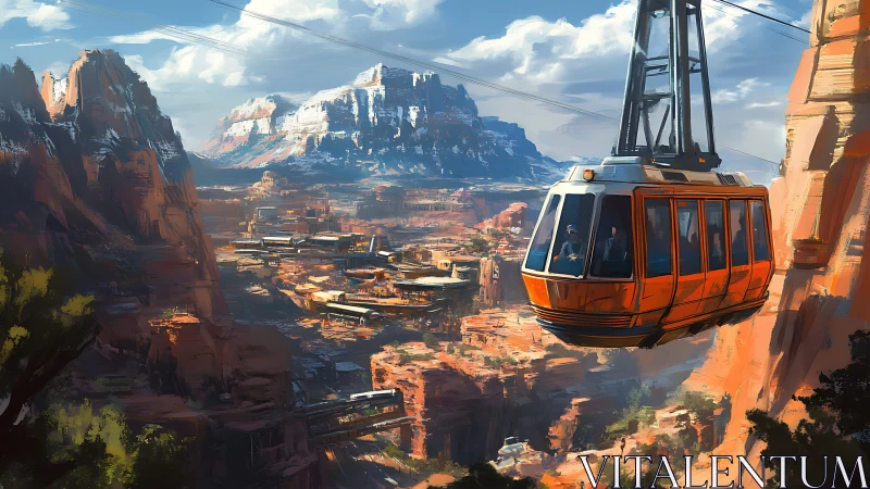Futuristic canyon cable car glides above stratified desert city