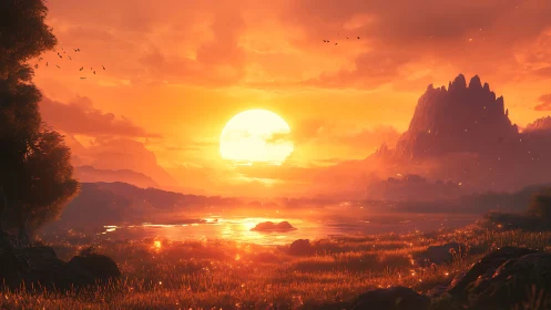 Golden sun settles over peaceful lake and distant cliffs