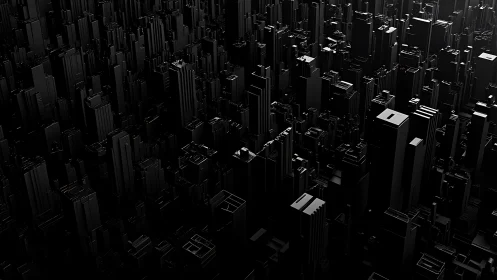Monolithic black 3D cityscape renders dense abstract skyline