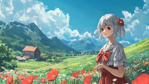 Girl in red dress standing in bright mountain flower field.