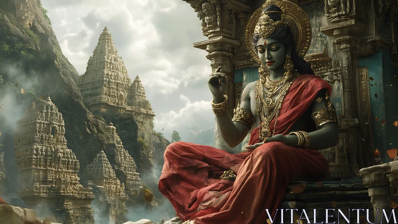 Serene goddess statue seated before ancient stone temples.