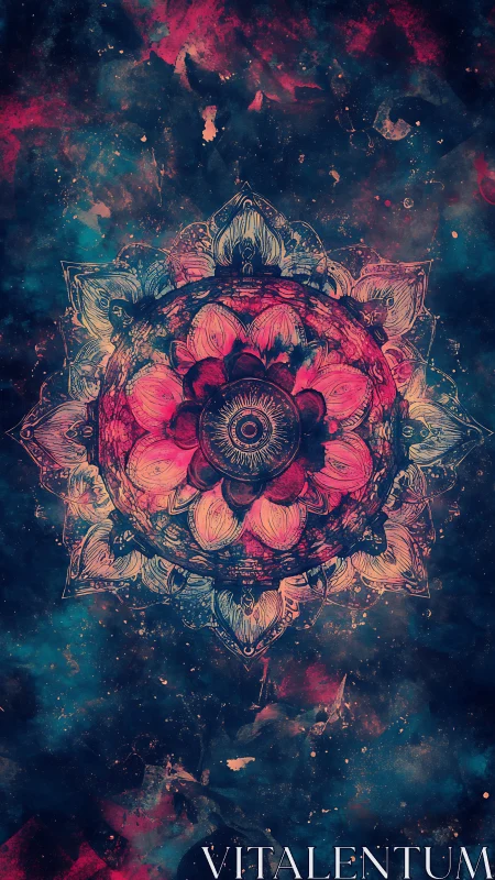 Cosmic mandala blooms in vibrant nebula hues of pink and teal.