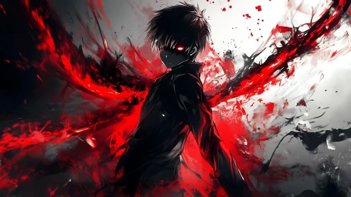 Bloodlit avenger emerging amid explosive crimson chaos.