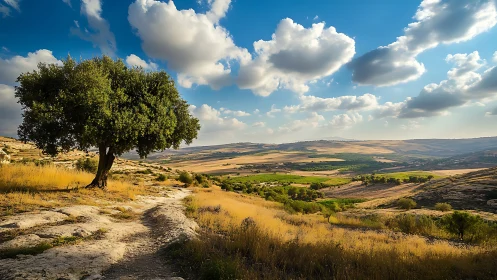 Isolated tree beside rocky path in open rural landscape.