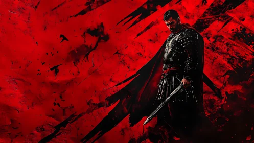 Stoic armored warrior stands against abstract blood-red field