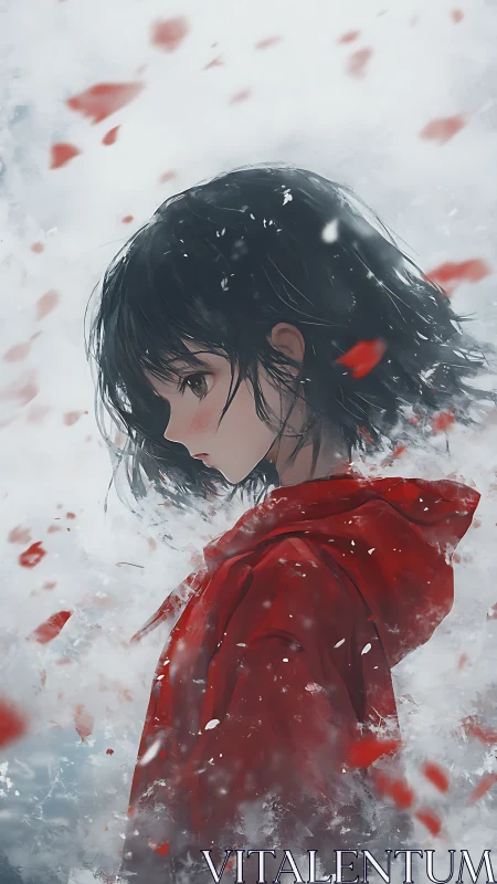 Side-profile anime portrait isolates red parka amid dynamic snowfall