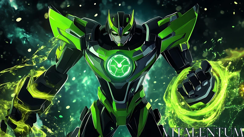 Armored cybernetic mech channels neon plasma energy rings in space