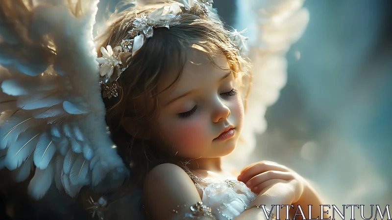 Child angel portrait shows soft wings and closed eyes in light