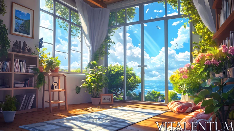 Sunlit reading nook opens gently onto a bright ocean view